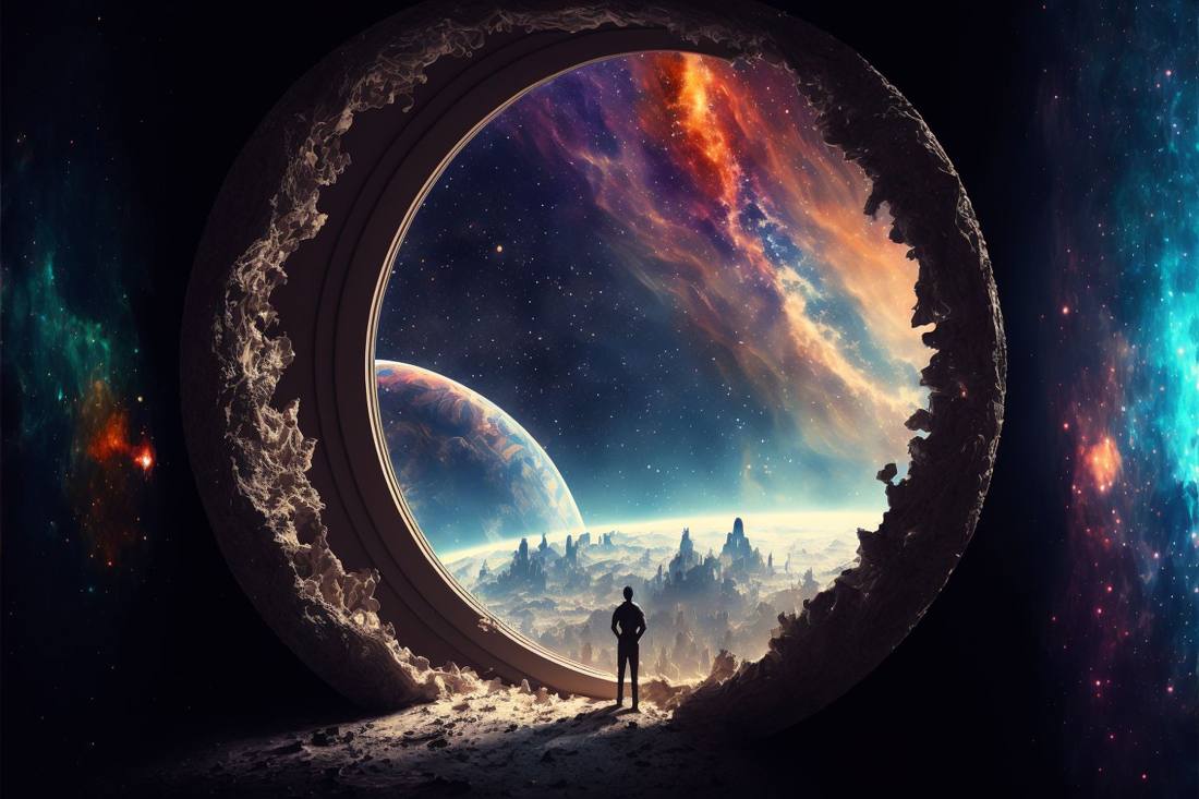 A figure before a portal opening onto the universe