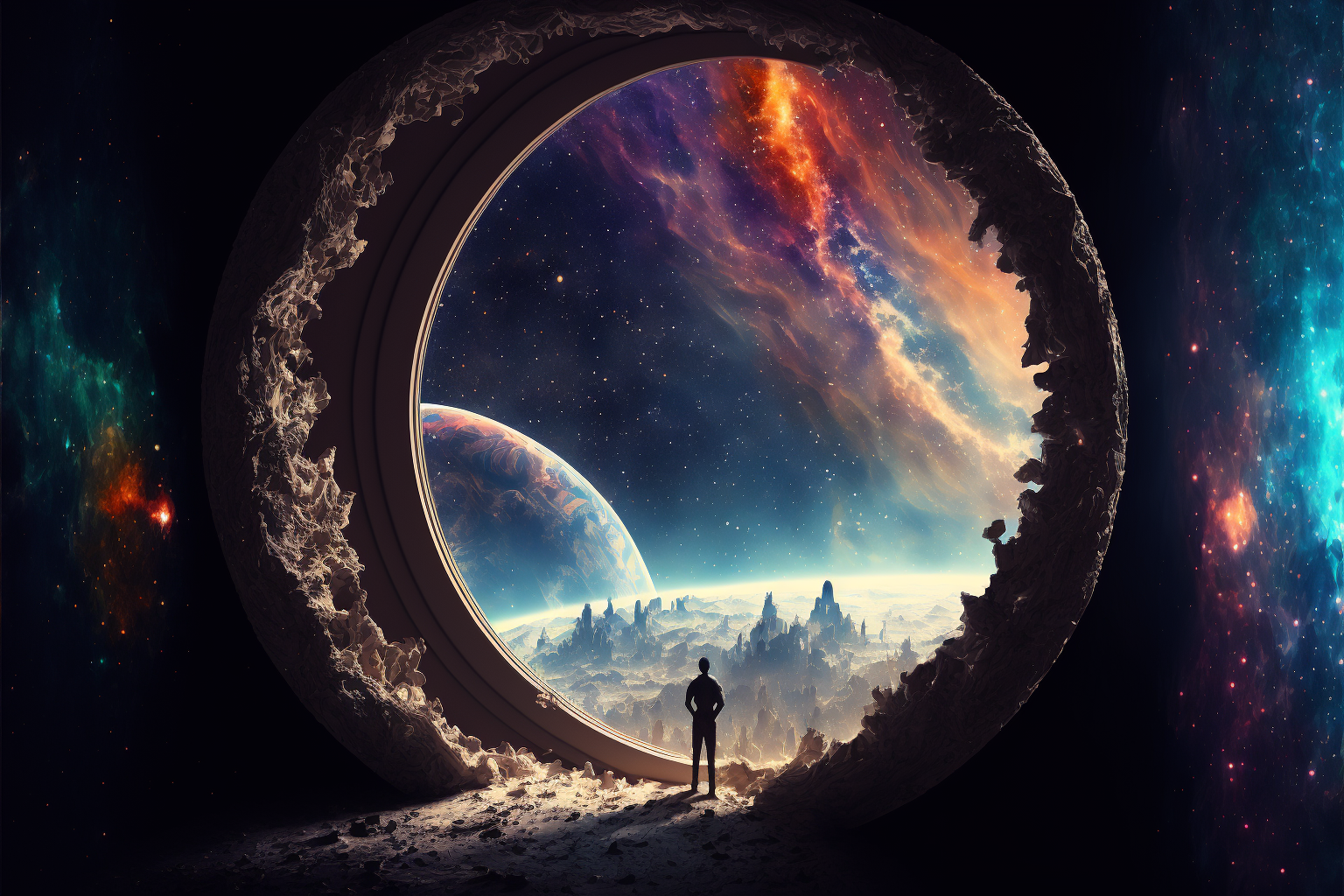 A figure before a portal opening onto the universe
